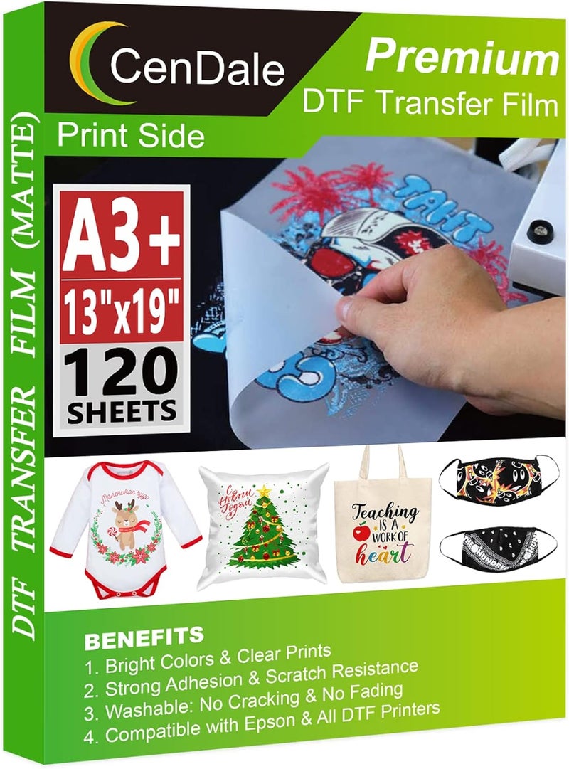 CenDale DTF Transfer Film A3+ 13"x19" - 120 Sheets Double-Sided Matte DTF Film for Sublimation Hack, Direct to Film Printing on All Fabric and Colors T-Shirts Textile, Hot & Cold Peel DTF Paper - Image 1
